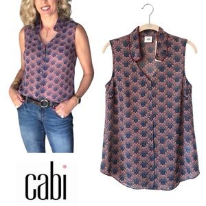 Cabi Fan Blouse Moroccan Geometric Print Sleeveless Blue Pink Blouse Top NWT